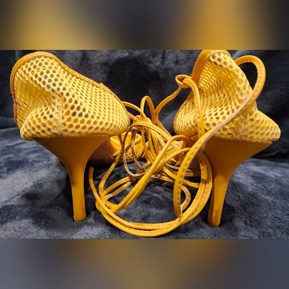 Shein Yellow Mesh Tie Around Ankle Heels Women's Size 6